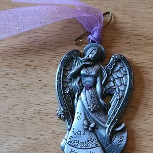 Stanley Silver Angel Ornament with Purple Ribbon